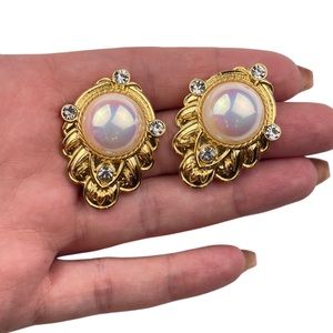 Yosca signed faux pearl crystal clip stud earrings